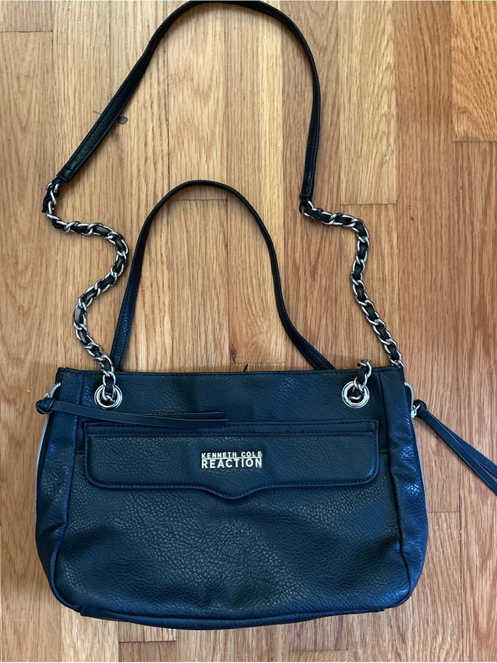 Kenneth Cole Reaction Navy Leather Shoulder Bag with Chain Straps